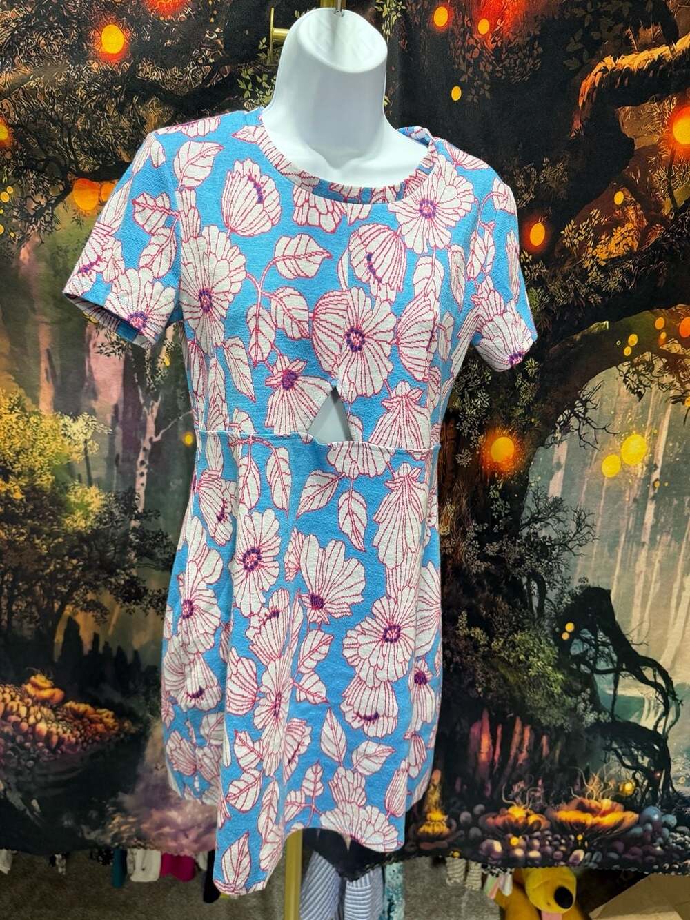 Zara Jacquard Cutout Floral Mini Dress Size L Blue Pink